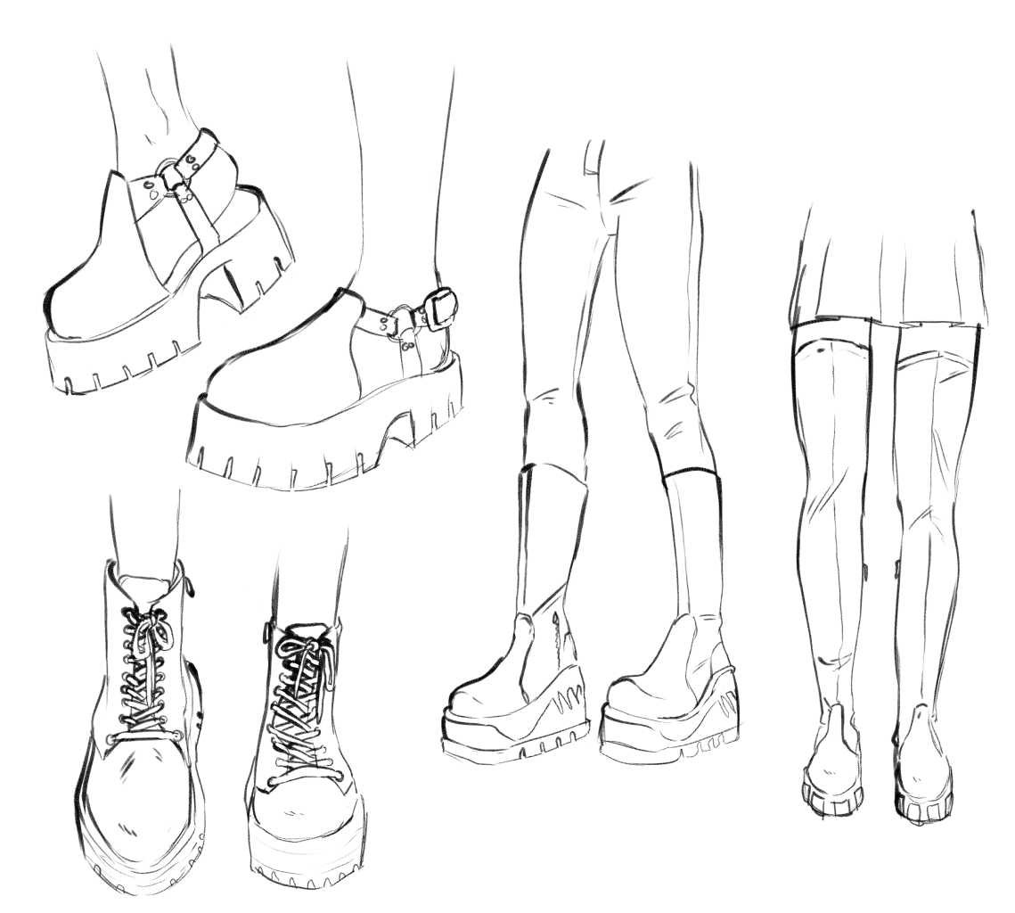 4 sketches of differend boots, all with a high platform and faux leather texture.
