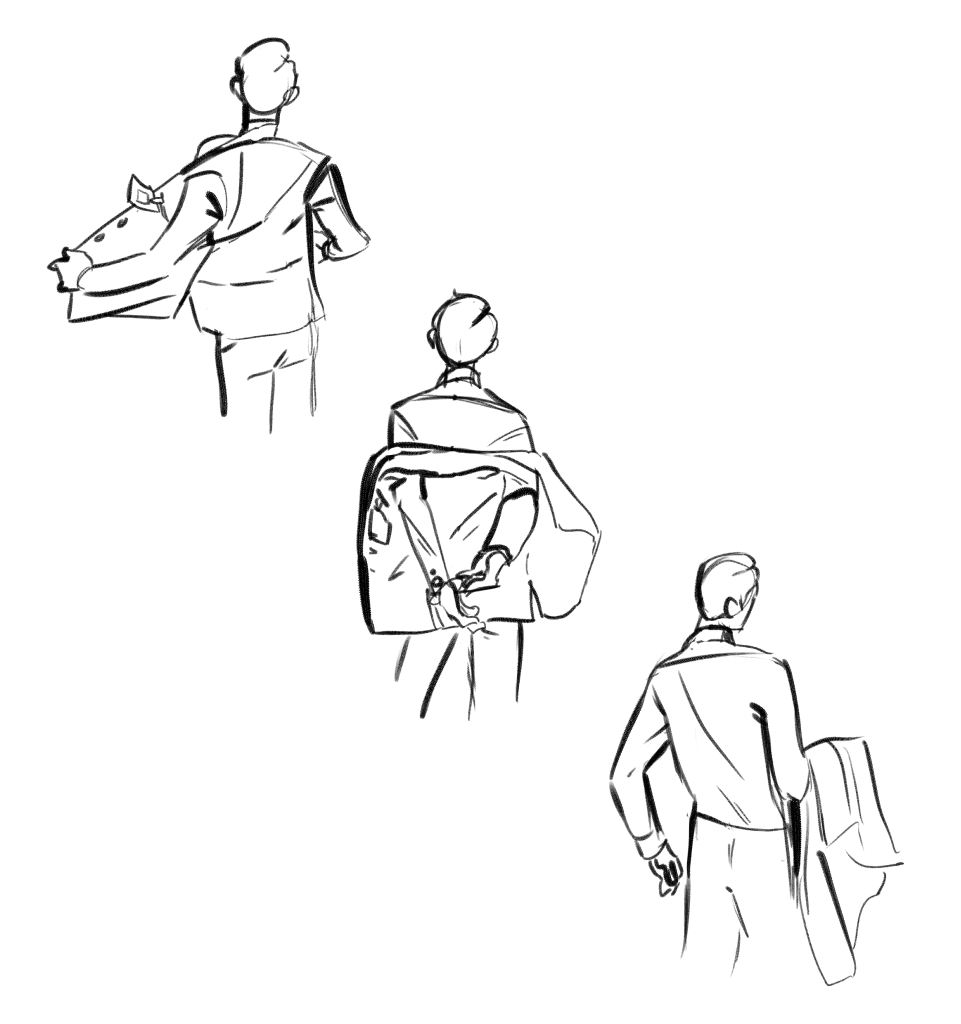 sketches of a man wearing a suit, including a 3 drawings of a man taking off a suit jacket.