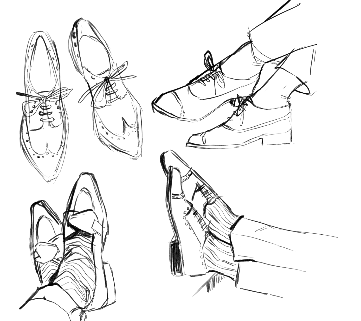 4 sketches of mens oxford style dress shoes
