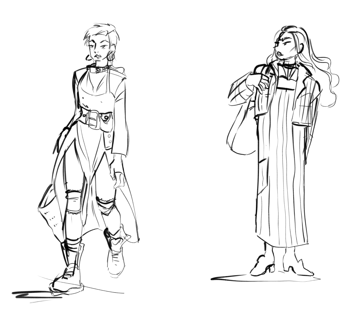 a sketch of a person with a mullet, hoop earrings, a leather studded collar, long sleeve shirt, and dress with two high slits with a thick belt tight around their waist. They are walking so their legs are exposed and they have some fabric over their knees and socks bunched up and large boots. a sketch of a woman with long hair wearing a white blouse, long shapeless pinstripe dress, and a plaid jacket. they have dainty shoes with heels on.