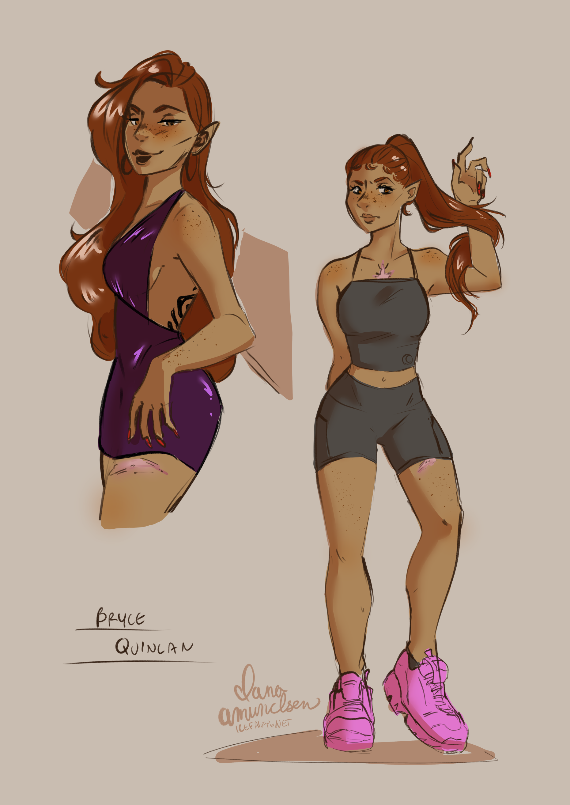 two drawings of bryce quinlan, one is of bryce in a party dress leaning against a bar and the second is of bryce in workout gear twirling her ponytail around her wrist.