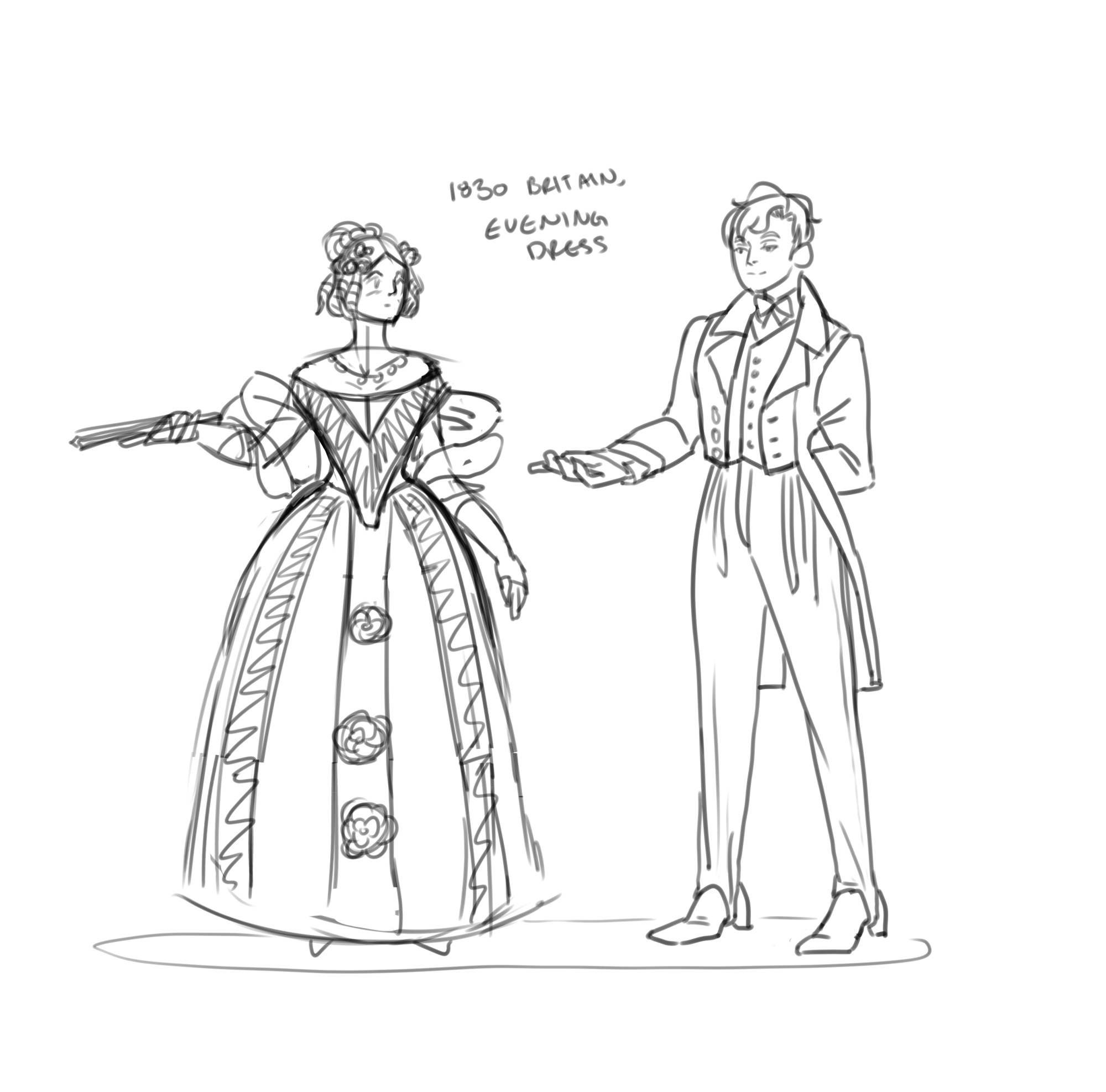 a couple in dress from the 1830s in europe. the woman is wearing a dress with a v-shaped bodice which exposes the shoulders and nips in at the waist. the skirt is a full bell shape that falls to the floor. her hair is in tight curls on the side of her head and pulled up in the back. flowers decorate her hhair and dress. the man is wearing a jacket with padded shoulders with long tails, a vest, blouse and tie, and plaeted stirrup pants.