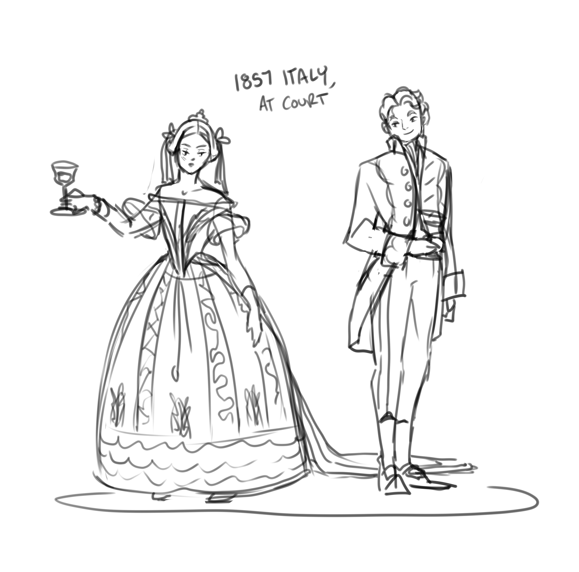 a couple in dress from the 1850s appropriate to appear at court. the woman is wearing a dress with a vshaped bodice and bell shaped skirt. her hair is pulled back with the sides draped to cover her ears. the man is wearing a fitted jacket with tails over a vest and blouse. his trousers are a pair of breeches which fall to the calf and have a stripe up the sides.