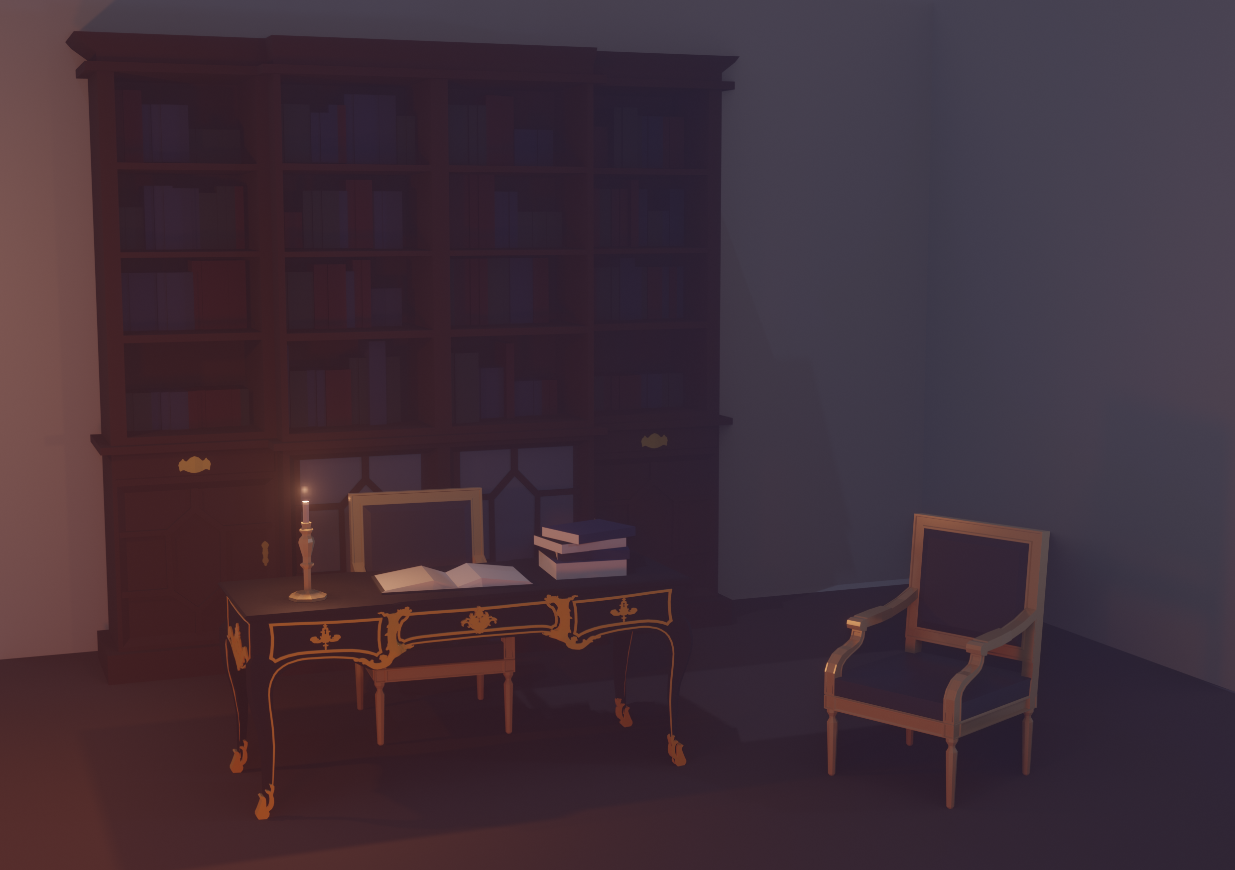 a 3d model of a victorian study including a gilded desk, two armchairs, and a bookshelf.