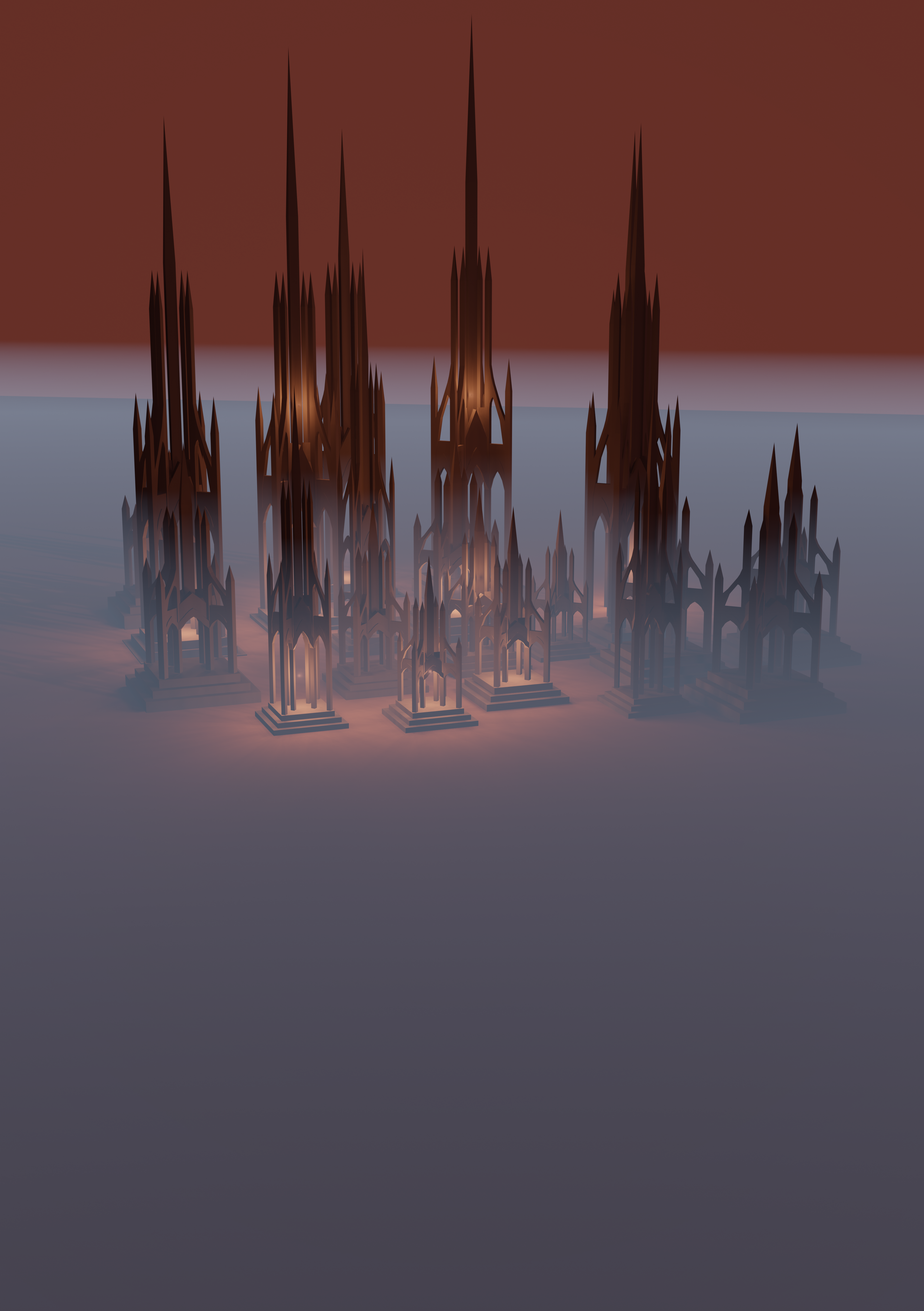 A 3d model of Kredik Shaw, a group of tall spired towers.
