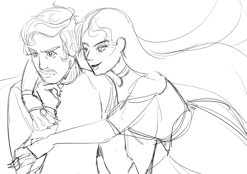 A sketch of the finished piece. The composition is similar but closer in on the figures.