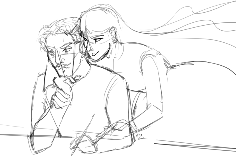 A second sketch. This is the final composition but I was still working on proportions of the face and body.