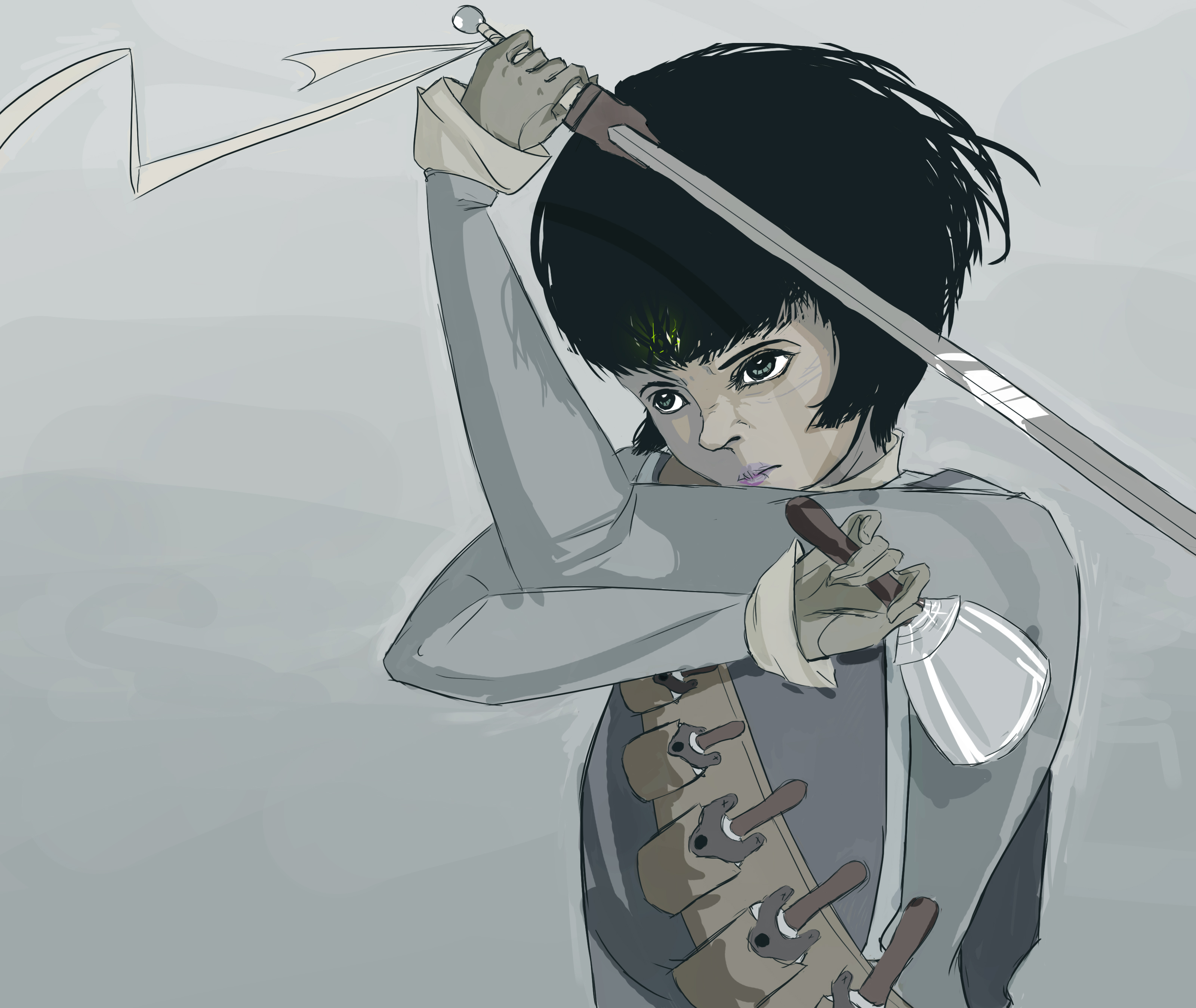 An older version of the same drawing. The main differences are in the proportions of the face and the body which are more accurate in the updated version.