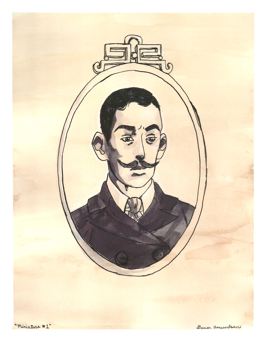 An ink and watercolor portrait of a man with an upturned moustache in a double breasted suit.